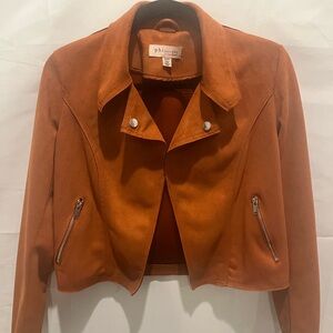 Philosophy Republic Women's faux suede burnt orange drape front moto jacket.